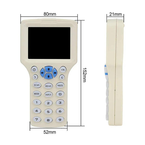 Front and side view of All In One RFID And NFC Card Copier And USB Reader, Supports 125KHz And 13.56MHz with dimensions shown