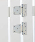 Extra Heavy Duty Gate Hinges Zinc Plated 2 Pack for wood steel and vinyl gates with weather resistant finish installed on white gate
