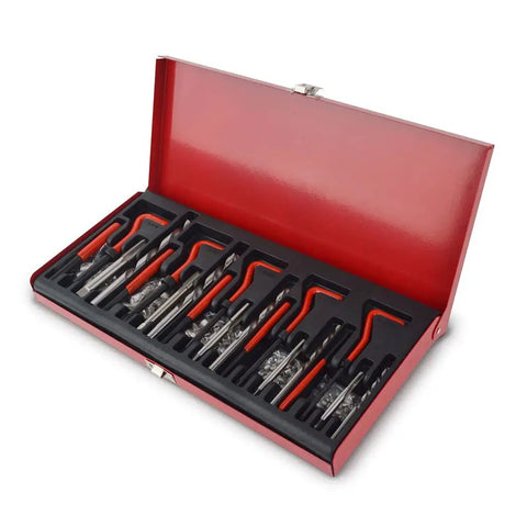 Pro Grade 131 Piece Metric Thread Repair Kit With HSS Drill Bits Taps Threaded Wire Inserts And Break Off Tool Set For Auto Engine Repairs Durable Heavy Duty Steel Construction For Long Lasting Performance, red case open