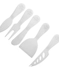 Stainless Cheese Knife And Butter Fork Set on white background, 5-piece durable outdoor camping kitchen tools, compact and portable.