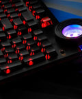 98 Key Silent Mechanical Keyboard With Hot Swappable RGB Lighting And Tri Mode Wireless Setup Giving You A Smooth As Butter Typing Experience Straight Up Built For Gaming Or Daily Grind Use In Night Ink with red lighting details.