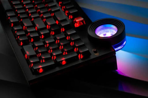 98 Key Silent Mechanical Keyboard With Hot Swappable RGB Lighting And Tri Mode Wireless Setup Giving You A Smooth As Butter Typing Experience Straight Up Built For Gaming Or Daily Grind Use In Night Ink with red lighting details.