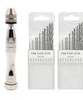 Rock Solid Aluminum Hand Pin Vise Kit Hella Tough 0.8mm To 3.0mm Micro Twist Drill Bits showing the pin vise and drill bits.