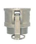 Side view of VARMHUS 2in Type B camlock trash pump adapter, stainless steel 316, male pipe threads
