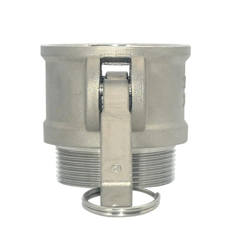 Side view of VARMHUS 2in Type B camlock trash pump adapter, stainless steel 316, male pipe threads