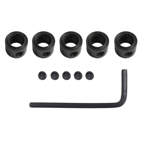 Five Piece 1/4 Inch Router Bit Bearing Kit with ball bearings and an Allen wrench, durable alloy steel, for out-of-box use.