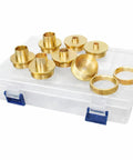 Kick Your Joinery Up A Notch With This Totally Rock Solid Brass Router Bushing Kit Featuring Durable Lock Nuts Crafted To Nail Dovetail Jigs And Knock Out Mortising Precise Cuts Daily in a transparent case.