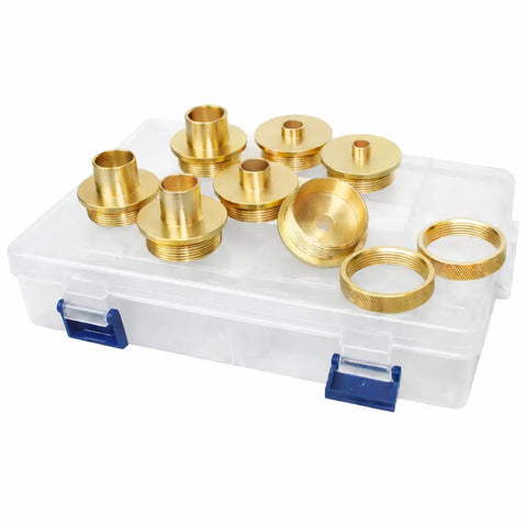 Kick Your Joinery Up A Notch With This Totally Rock Solid Brass Router Bushing Kit Featuring Durable Lock Nuts Crafted To Nail Dovetail Jigs And Knock Out Mortising Precise Cuts Daily in a transparent case.