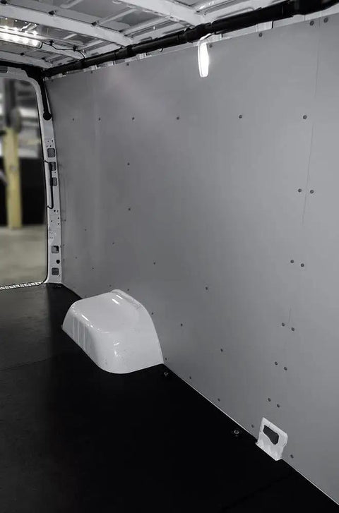 Interior view of Premium Light Gray 4 mm Polypropylene Van Wall Liner With Full Hardware Kit For Commercial Cargo Panels.