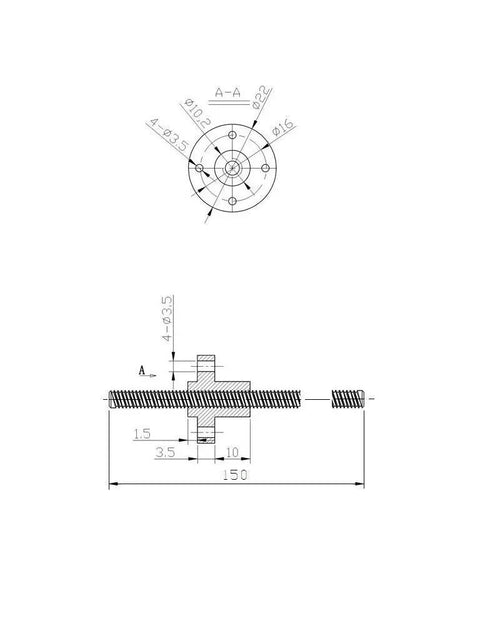 150 Millimeter T8 Acme Lead Screw With Solid Brass Nut For CNC Routers And DLP SLA 3D Printers Z Axis Upgrade technical drawing