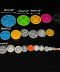 50Pcs Plastic Belt Pulleys Set For RC Cars, Trucks, Boats, Drones And Robots, 2mm Bore, Variable Diameters From 5mm To 48mm displayed