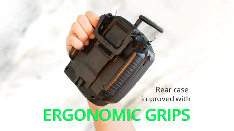 Hand holding Dope Compact Pro Radio Transmitter with Hall Gimbals and ELRS CC2500, showcasing ergonomic rear grips