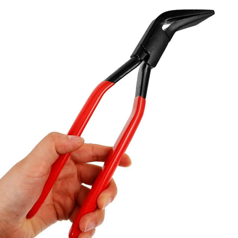 Person holding Sheet Metal Bender Pliers 10.23 Inch Folding Edge Hand Seamers with built-in lock for metalworking and construction