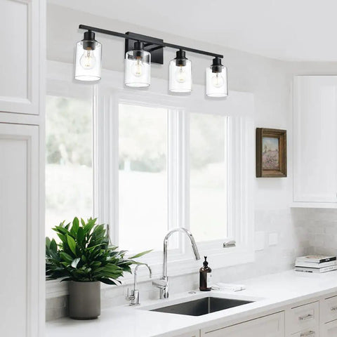 4 Light Modern Bathroom Lighting Fixtures In Matte Black Finish With Clear Glass Shades For A Bright Warm Glow over kitchen sink