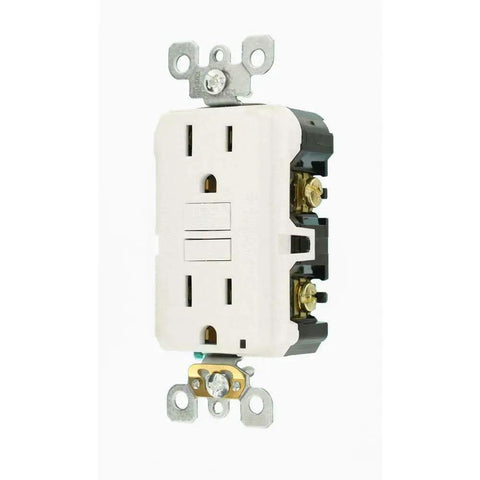 15 Amp 125 Volt Duplex Self Test Slim GFCI Outlet White 4 Pack No Fuss Self Test On Power Up In Under 3 Seconds And Crystal Clear Status Indicator Light For Easy Power And Protection Monitoring, front view