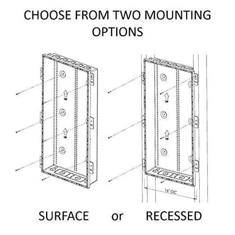 Diagram showing surface and recessed mounting options for 30 Inch Media Enclosure For Home Networking And Cable Management.