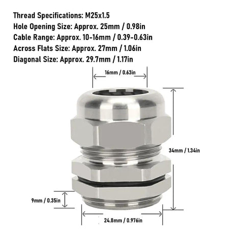 Heavy Duty Stainless Steel Cable Gland IP68 Adjustable Connector For 10 To 16mm Cables with measurements on display