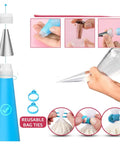 All In One Cake Decorating Tool Set With Multiple Molds And Piping Tips For Buttercream And Biscuit DIY Creations 100 Piece Baking Kit showing reusable bag ties and piping techniques