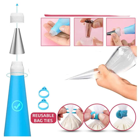 All In One Cake Decorating Tool Set With Multiple Molds And Piping Tips For Buttercream And Biscuit DIY Creations 100 Piece Baking Kit showing reusable bag ties and piping techniques
