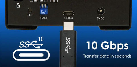 Professional Dual Ssd Docking Station Usb 3.2 Gen 2 10gbps Usb C Raid 0 1 Jbod External Drive Adapter showing USB-C port and data transfer speed.