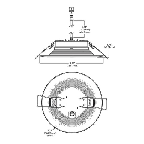 Technical diagram of 6 Inch Color Adjustable Canless Remodel Recessed LED Kit With 2700K To 5000K Color Temperature Direct Mount No J-Box Spring Clips Air Tight Wet Rated Shower Safe Integrated Downlight dimensions and components.