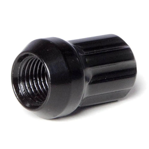Close-up of a single forged steel lug nut from the Black 14x1.5 Spline Drive Tuner Acorn Lug Nuts Set Forged Steel 20 Pcs With Tool 60 Degree Tuner Seating