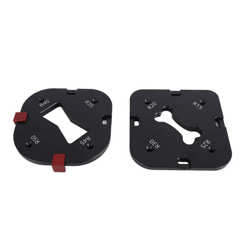 Kickass Woodworking Radius Template Set With Durable Aluminum Router Guide and Quick Release Bases, showing R15 to R40 templates.
