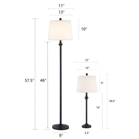 Traditional Black 3 Piece Lamp Set With White Fabric Shades Table Lamps And Floor Lamp Trio Perfect For Living Room Bedroom Study Includes Two 26.5 Inch Lamps And One 57.5 Inch Floor Lamp 100W E26 Compatible with dimensions shown
