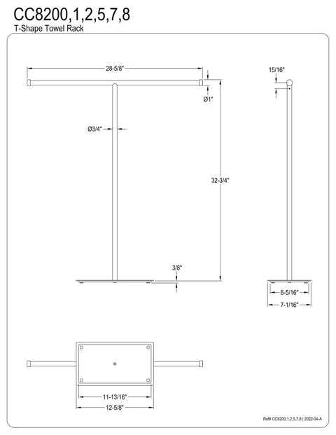 Technical drawing of Claremont Freestanding Towel Rack In Brushed Nickel That Holds Two Big Towels With A Tall T Shaped Post And 32.75 Inch Overall Height Built From Solid Brass And Stainless Steel Construction For A Durable Modern Bathroom Look
