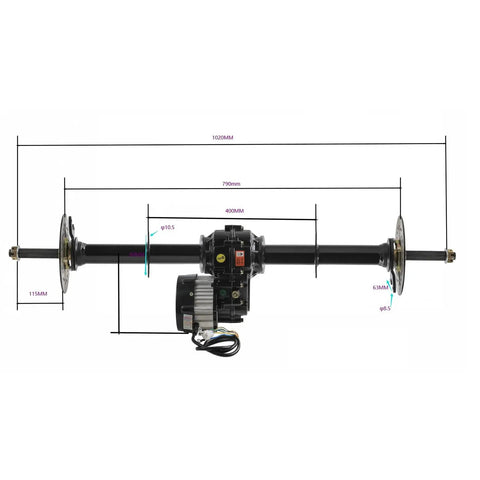 Badass Heavy Duty Rear Axle Kit For Go Kart And Dolly With 48 Volt 1000 Watt Brushless Motor and Speed Controller Plug And Play Setup For Mini Bike And Drift Trike DIY, showing dimensions and motor.