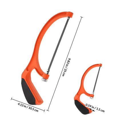 Built Tough Portable Mini Hacksaw Featuring Thickened Carbon Steel Blade And Ten Spare Replacements, showing dimensions and ergonomic grip.