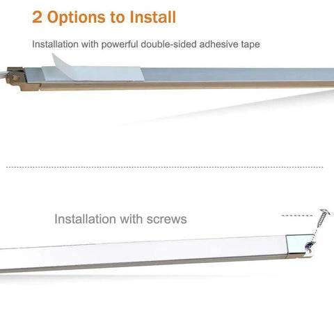 Under Cabinet Lighting Bar For Kitchens And Bookshelves, Ultra Slim LED Light showing adhesive tape and screw installation options