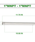 Two Pack 1 Inch NPT Male Stainless Steel Pipe Nipples, 12 Inch Length, 304 Grade, side view with measurements