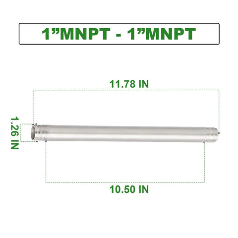 Two Pack 1 Inch NPT Male Stainless Steel Pipe Nipples, 12 Inch Length, 304 Grade, side view with measurements