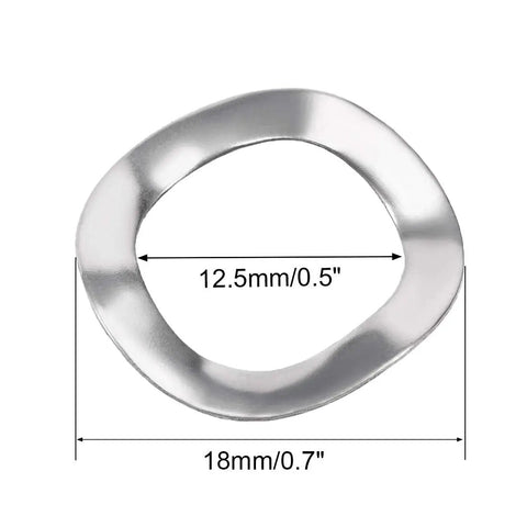 10 Pack 0.49 X 0.71 X 0.01 Inch 304 Stainless Steel Wave Spring Washers showing 12.5 mm ID and 18 mm OD for screws and bolts.