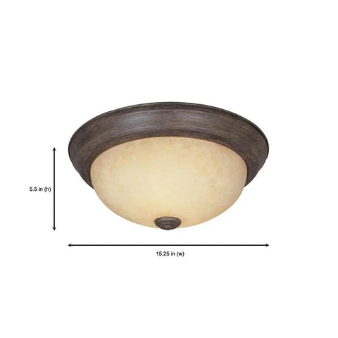 Rustic 15 Inch 3 Light Flush Mount Ceiling Fixture In Warm Mahogany With Amber Glass Shade, steel construction, side view