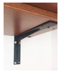 Heavy Duty Wall Mount Floating Shelf Brackets Right Angle Corner Iron L Brackets Rust Resistant Finish mounted under wooden shelf.