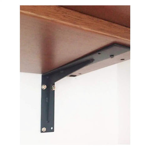 Heavy Duty Wall Mount Floating Shelf Brackets Right Angle Corner Iron L Brackets Rust Resistant Finish mounted under wooden shelf.