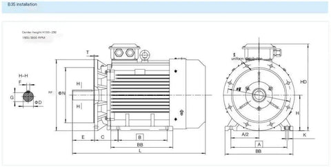 Technical diagram of AC 380V Variable Frequency Drive Motor For Industrial Air Compressors, Beefy Yet Efficient Permanent Magnet Synchronous Motor, 2.2KW 152W, YYT100L Series.