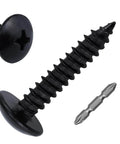 Close-up of 100 Pack Size Six Black Truss Head Self Tapping Screws For Wood Sheet Metal And Plastic Stainless Steel 304 Rust Resistant