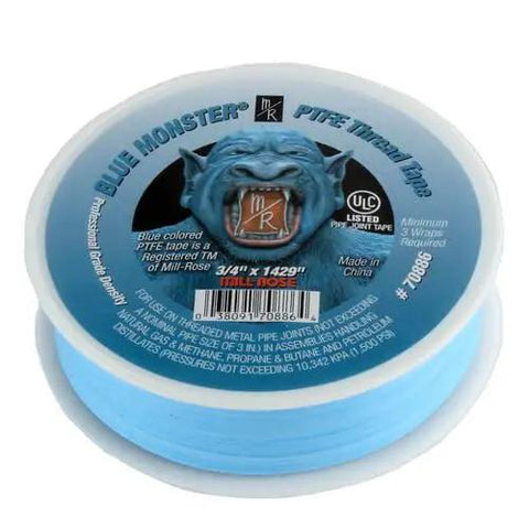 Blue PTFE Thread Seal Tape Three Quarter Inch Heavy Duty For Pipe Fittings And Gas Or Water Lines Leak Proof Sealant Acts As Thread Lubricant And Anti Seize Non Flammable And Non Toxic Ninety Nine Point Six Percent PTFE