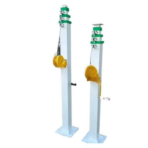 Hand Cranked Lifting Mast With Manual Telescopic Pole And Rugged Mechanical Winch Rig For 5 Meter Vertical Lift, two units shown.