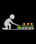 Illustration of a person using 5 Inch Serrated Blade Grass Shears With Power Lever Technology For Extra Cutting Power And No Sweat Precision Trimming Of Lawn Edges And Ornamental Grass Around Flower Beds, Trees And Sidewalks to trim ornamental grass by flower beds on a black background.