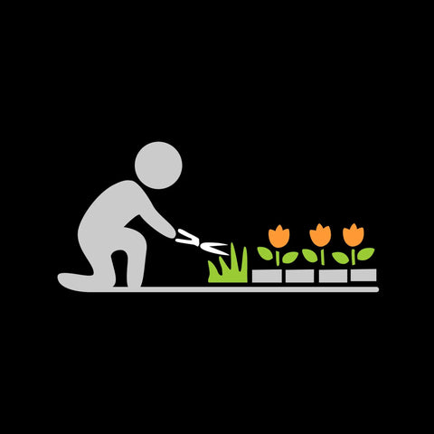 Illustration of a person using 5 Inch Serrated Blade Grass Shears With Power Lever Technology For Extra Cutting Power And No Sweat Precision Trimming Of Lawn Edges And Ornamental Grass Around Flower Beds, Trees And Sidewalks to trim ornamental grass by flower beds on a black background.