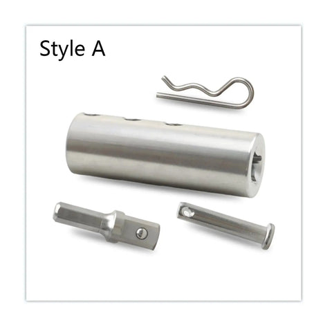Heavy Duty Stainless Steel Trailer Jack Drill Adapter Fits 1 Inch Jack Shaft With 1/2 Inch Socket Quick Swap Design parts including handle and pin.