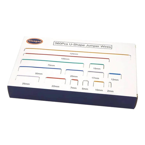 U Shape Breadboard Jumper Wires Kit With 560 Pieces Featuring 14 Length Options From 2mm To 125mm Solderless Flexible Connecting Cables Random Color Multi Pack For Prototyping And DIY Electronics Projects in box showing wire samples.