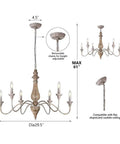 Diagram showing dimensions of 6-Light French Country Farmhouse Chandelier for dining room and living room, 29.5 inch diameter.