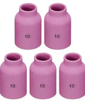 Five TIG Gas Lens Alumina Ceramic Cup 53N88 10 Large Diameter Five Eighths Inch Orifice shown in pink for welding torch