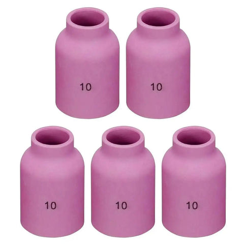 Five TIG Gas Lens Alumina Ceramic Cup 53N88 10 Large Diameter Five Eighths Inch Orifice shown in pink for welding torch