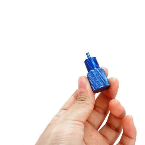 Rock Solid Brake Proportioning Valve Bleeder Tool For PV2 And PV4 Disc And Drum Systems Works With Gm Valves And Ac Delco 172 1353 And 172 1371 shown in hand, blue aluminum finish.